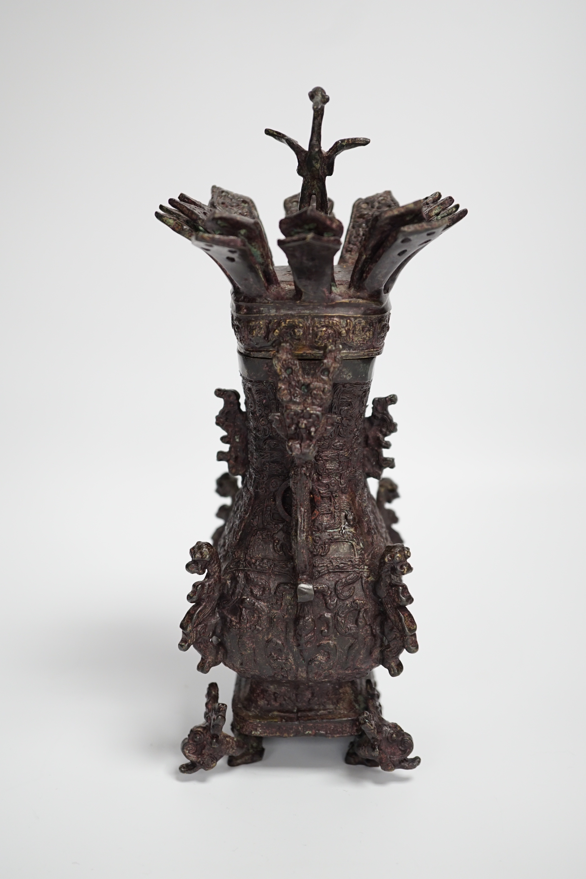 A Chinese Archaic style bronze vessel and cover - Ming or later, 23cm high